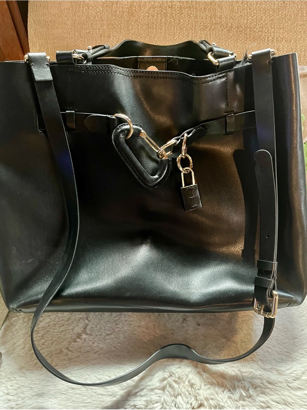 Reiss London Black Leather Tote Bag with strap and gold hardware